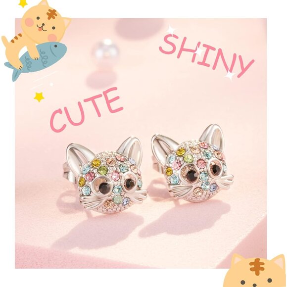 Cubic Zirconia Hypoallergenic Cute Cat Stud Earrings for Women Teens Girls - Picture 3 of 6